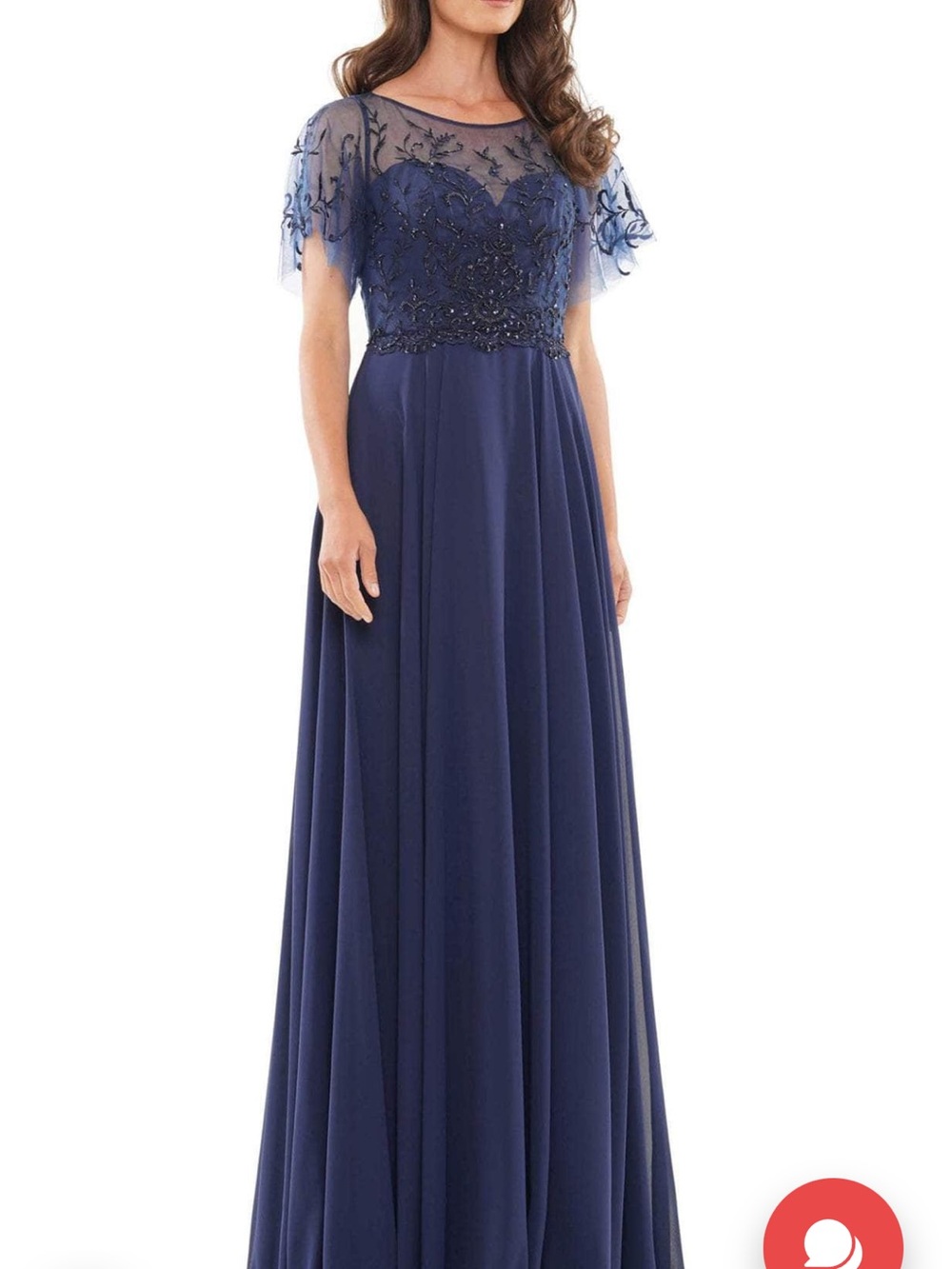 Embroidered Navy Evening Gown with Sheer Beaded Yoke